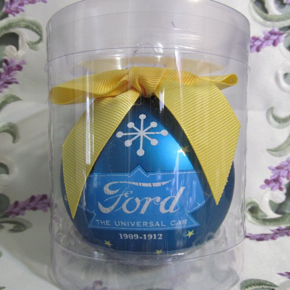 2.75" Matte Blue "Ford The Universal Car" w Yellow Ribbon Glass Ball Ornament